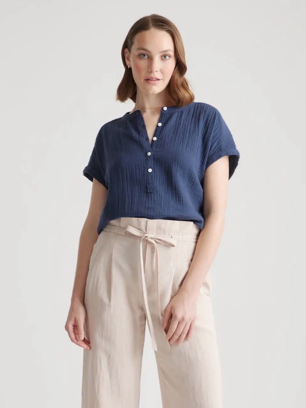 Quince 100% Cotton Blue Gauze Short Sleeve Button Shirt Size XL